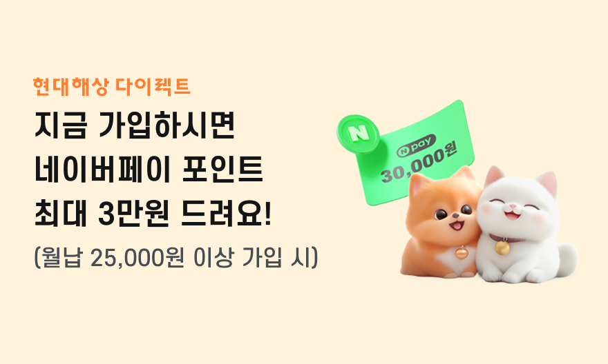 현대해상 다이렉트 지금 가입하시면 네이버페이 포인트 최대 3만원 드려요! (월납 25,000원 이상 가입 시) 비교추천 설계내역 확인하기